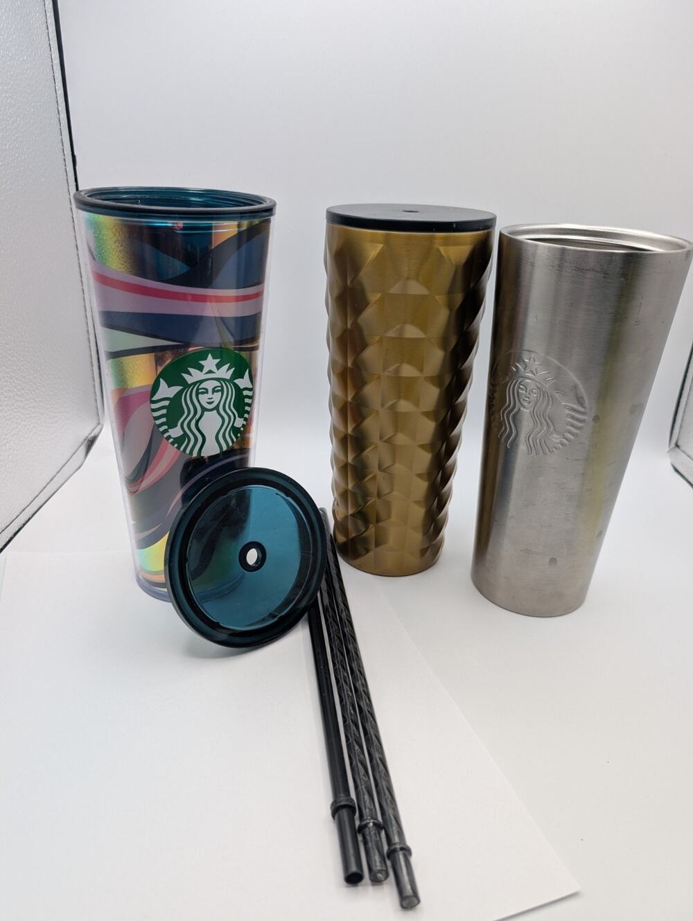 Starbucks mixed lot:3 24oz venti cups |straws| 1 matching 1 non-matching lid
